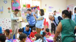 Members of the delegation from the United Nations headquarters, UN Peru and UN Ecuador are visiting a safe space for children and adolescents at an attention and orientation point for migrants and refugees near the border of Peru and Ecuador.