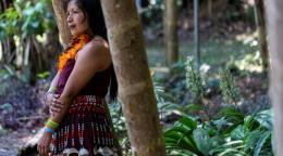 An indigenous woman in a brown skirt and yellow flowers stands in front of a tree in a green clearing