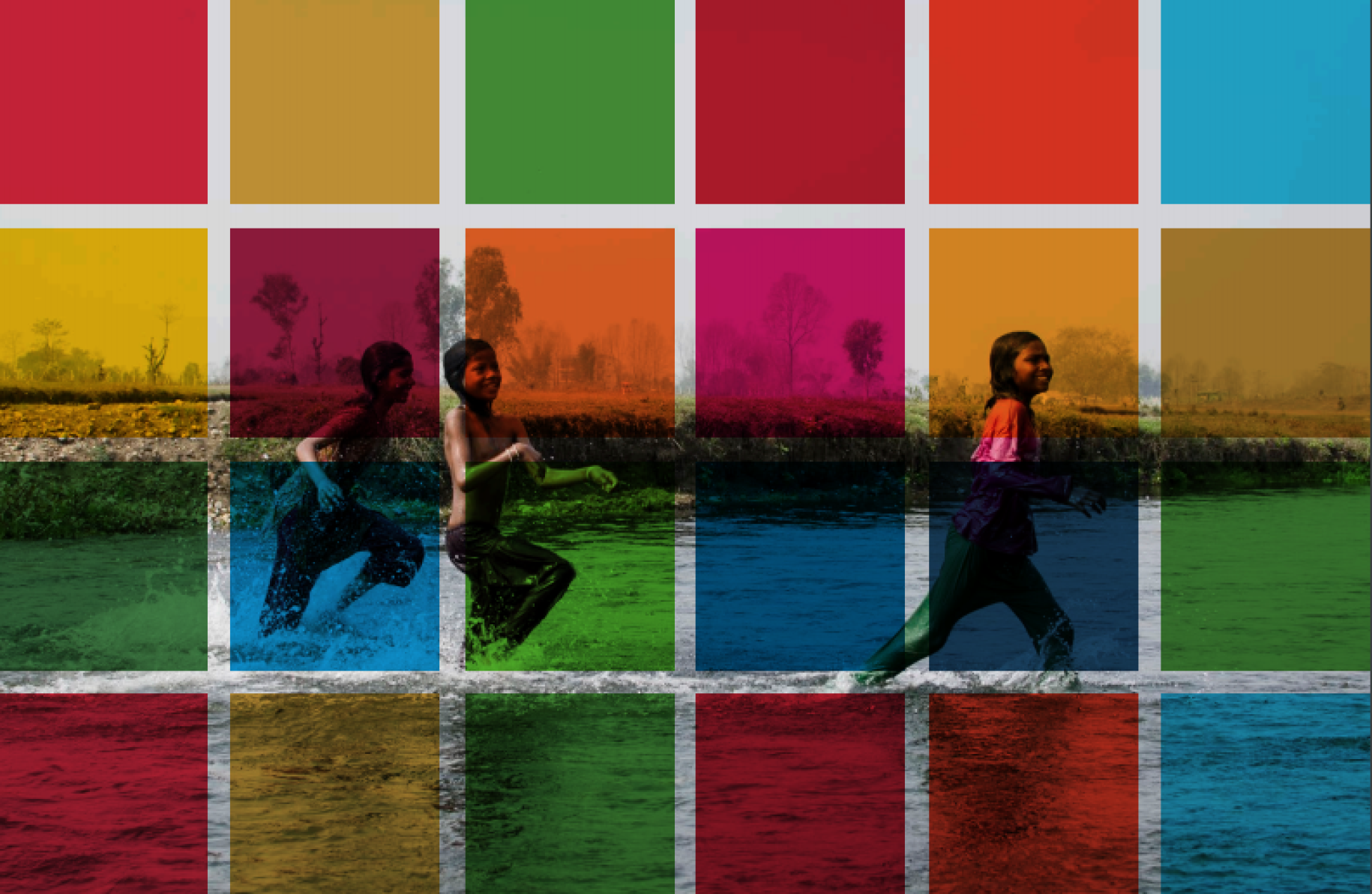 Portada del informe, muestra a niños corriendo en el agua detrás de un mosaico de colores vivos