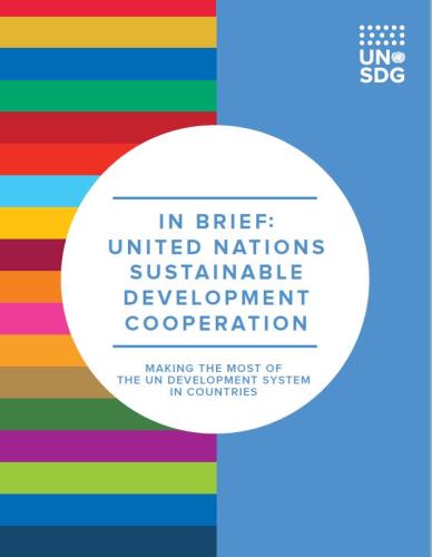Cover shows colourful horizontal bars on the left of the page and a solid blue with the UNSDG logo on the right. The title is enclosed in a white solid circle in the middle of the page. 