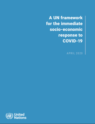 Cover shows the title "A UN framework for the immediate socio-economic response to COVID-19" against a solid blue background with the UN emblem on the lower left side.