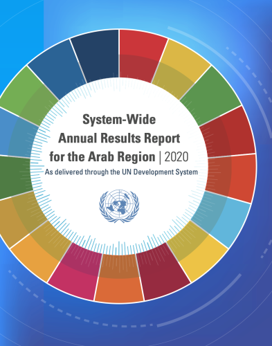 Una colorida imagen de la portada del Informe Anual y el logotipo de las Naciones Unidas