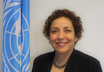 Photo shows a medium close-up of Sezin Sinanoglu standing in front of a white wall and the UN flag.