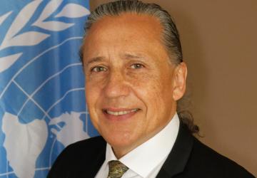 Foto oficial muestra a Gustavo González delante de la bandera de la ONU.