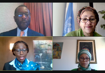 Una captura de pantalla de la reunión virtual con la propia Vicesecretaria General de las Naciones Unidas (Amina J. Mohammed), cuya imagen se aprecia en la parte superior derecha, con los participantes de la reunión a la izquierda y debajo de la visual de la Sra. Amina Mohammed.
