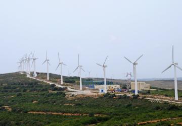 Un parque de turbinas eólicas en un día nublado.