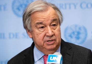 The close-up picture of Secretary-General António Guterres as he briefs reporters at UN headquarters on the war in Ukraine