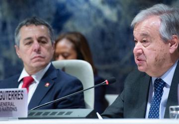The UN Chief speaks into a microphone at a hearing on rebuilding in Pakistan, after flooding in the summer of 2022.