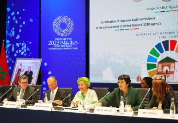 Officials from various countries and institutions on a panel with bright screens and logos behind them.