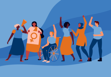 A blue graphic with six figures drawn in various colours of blue and orange, with one in a wheelchair. All the figures are raising their hands, depicting their protest against violence against women.