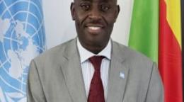 Photo officielle de Chris Mburu, nouveau Coordonnateur résident des Nations Unies en République du Congo, se tenant debout en souriant à la caméra entre les drapeaux de l'ONU et de la RDC.