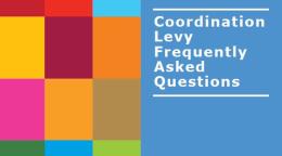 Cover shows colourful grid on the left with the title, "Coordination Levy Frequently Asked Questions," in white on the right against a  blue background. 