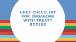 Cover shows the title, "UNCT Checklist for Engaging with Treaty Bodies" in the centre of a solid circle in front of a solid and striped background.