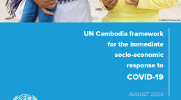 Cover shows the title "UN Cambodia framework for the immediate socio-economic response to COVID-19" over blue background with a image of Cambodian parents and their daughter smiling