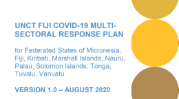 Cover shows the title"UNCT FIJI COVID-19 MULTISECTORAL RESPONSE PLAN for Federated States of Micronesia, Fiji, Kiribati, Marshall Islands, Nauru, Palau, Solomon Islands, Tonga, Tuvalu, Vanuatu" over white background with colorful dots