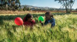 Two girls in a field play with a green and red balloon. 