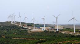 Un parque de turbinas eólicas en un día nublado.