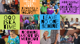 Compilation de phrases et d'images montrant les différentes façons dont l'ONU contribue à la réalisation des ODD en aidant les personnes handicapées.