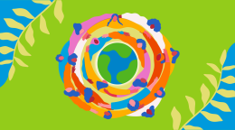 身着鲜艳色彩的妇女围绕地球形成圆圈，背景多为绿色，左上角和右下角有橄榄枝。