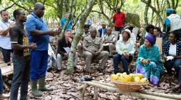 The UN Deputy Secretary-General speaks with cocoa farmers in a "Champ-École" ("Farming Training Project”) in Kouakoukoro, Soubré, Côte d'Ivoire.