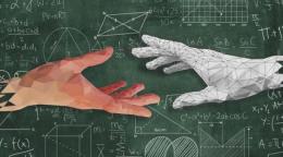 A drawing of a human hand meeting a robotic hand