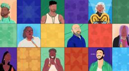 Colourful panel with illustrations of different people in each square