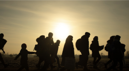 Женщины, мужчины и дети, нагруженные вещами идут к границе, на фоне закатного солнца.Huseyin Aldemir / Shutterstock.com Мигранты идут к пограничному переходу Пазаркуле (Турция) и Кастаниес (Греция) в Эдирне, Турция, 1 марта 2020 года. Фото