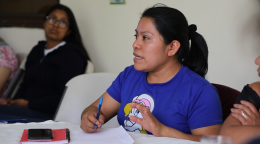La foto muestra a Floridalma Bocel Raxtún sentada en una mesa hablando en una reunión. Flory está participando en las sesiones de capacitación del programa conjunto de UNPRPD en Guatemala.