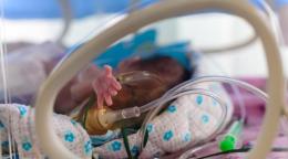 Фотография младенца, окруженного трубочками, протягивающего руку на камеру