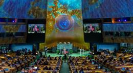 A beautifully lit general assembly hall at the United Nations headquarters