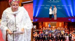 A woman in a white shawl-cover speaks at a podium (left) and shakes hands with a woman (top right) and stands for a group shot at the Italy-Africa Summit.