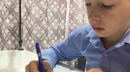 Мальчик в рубашке сидит за столом и пишет ручкой
