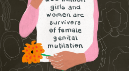 A graphic of a girl's hands holding a flower and a paper with statistics on female genital mutilation