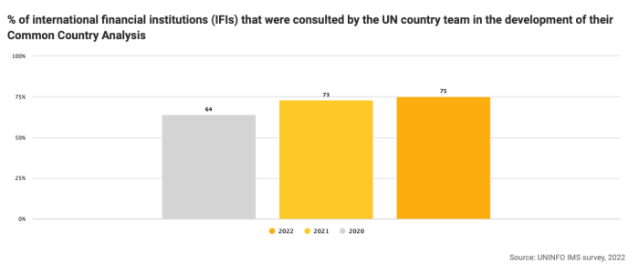 % of international financial institutions (IFIs) that were consulted by the UN country team in the development of their Common Country Analysis