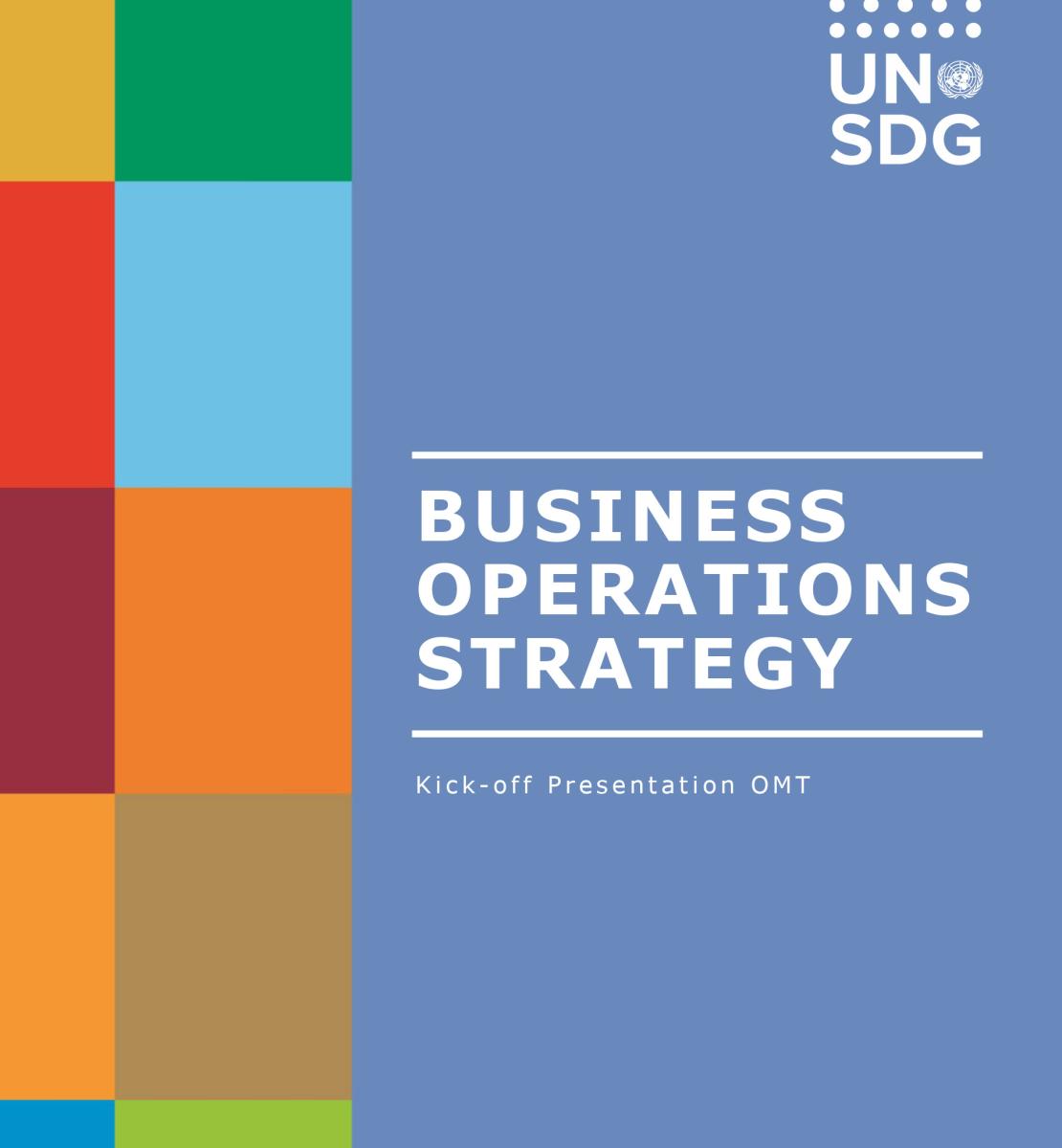 Business Operations Strategy presentation cover showing colourful tiles on the left and a solid blue background on the right.