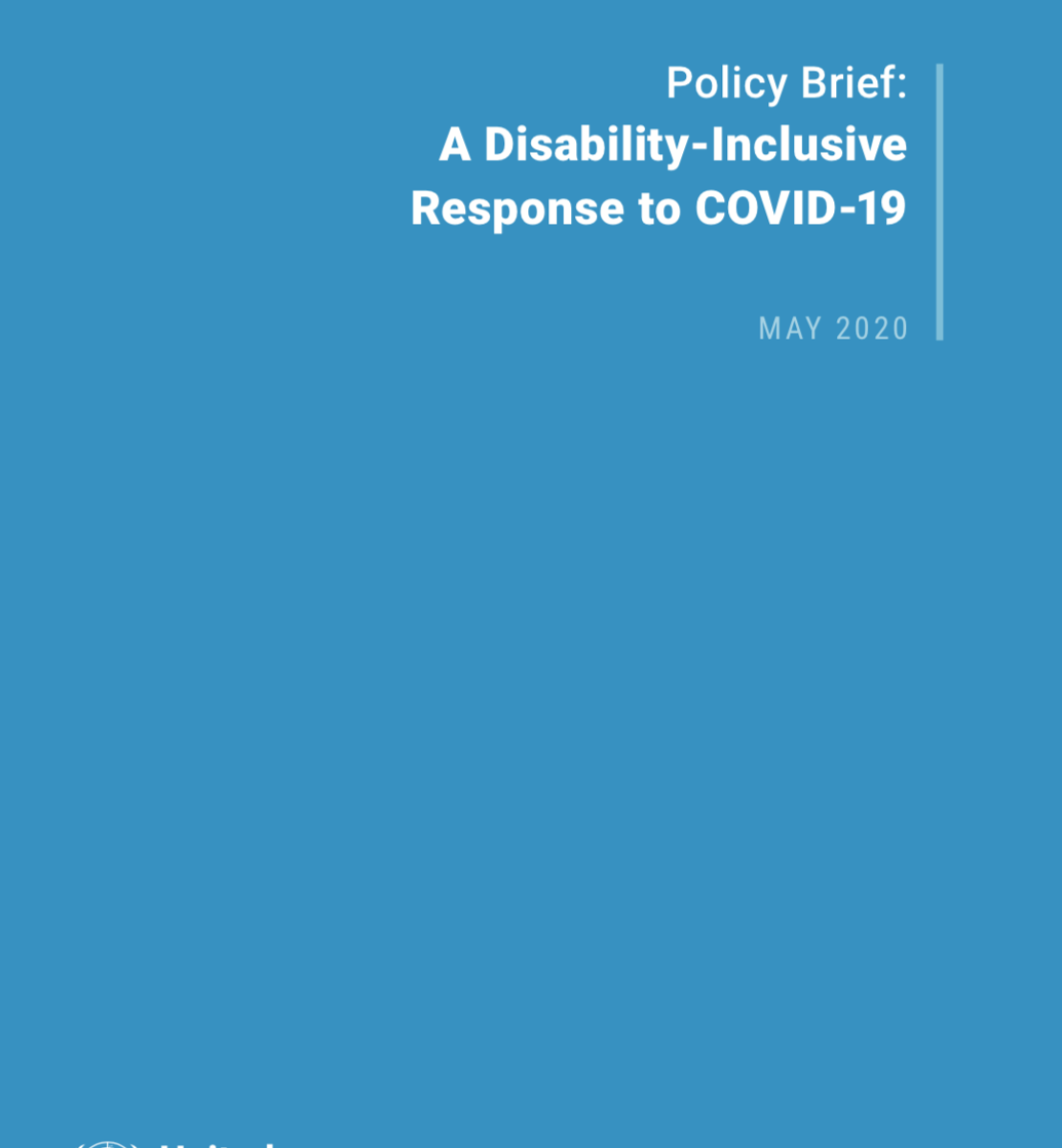Cover shows the title "Policy Brief: A Disability-Inclusive Response to COVID-19" against a solid blue background with the UN emblem on the lower left side.