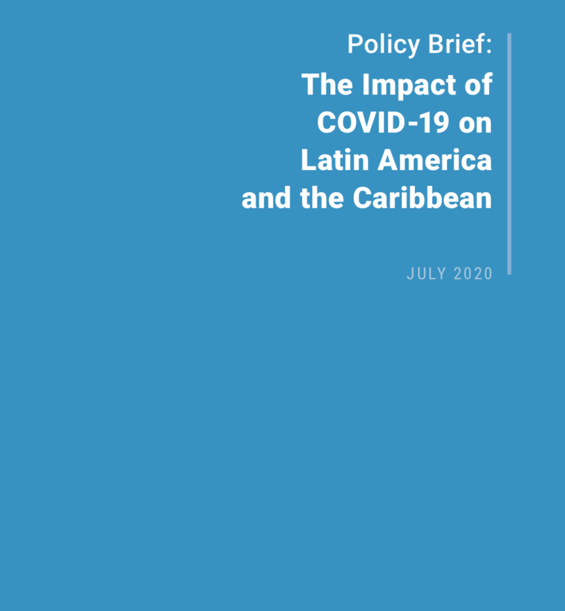يُظهر الغلاف عنوان "موجز سياساتي: تأثير كوفيد-19 على أمريكا اللاتينية ومنطقة البحر الكاريبي" على خلفية زرقاء مع شعار الأمم المتحدة في الجزء السفلي للجانب الأيسر.