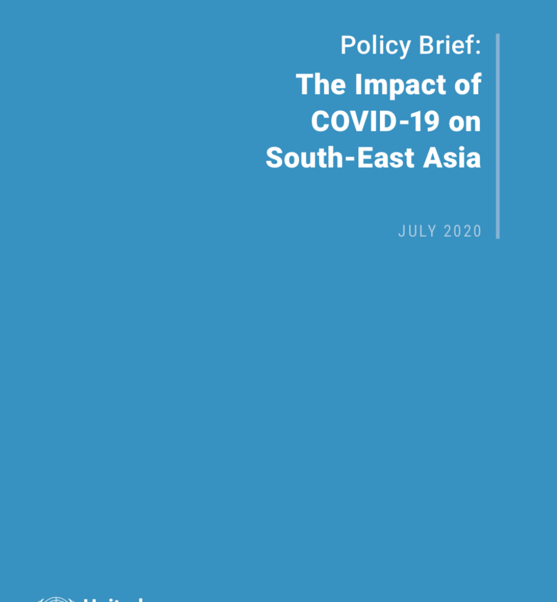 Cover shows the title "Policy Brief: The Impact of COVID-19 on South-East Asia" against a solid blue background with the UN emblem on the lower left side.