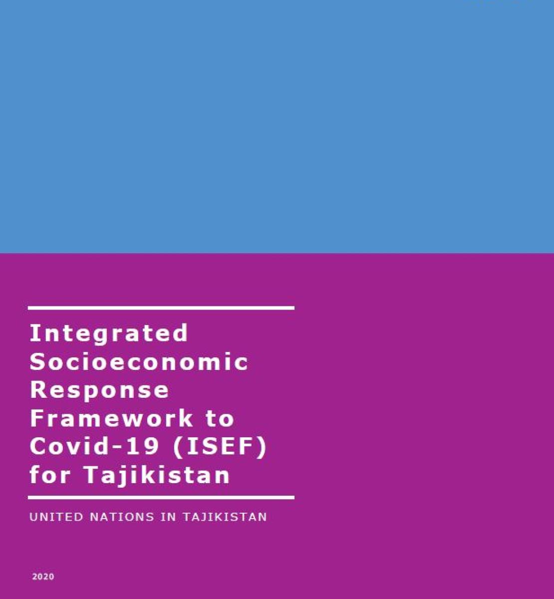 Cover shows the title "Integrated Socioeconomic Response Framework to Covid-19 for Tajikistan", over blue and purple background 