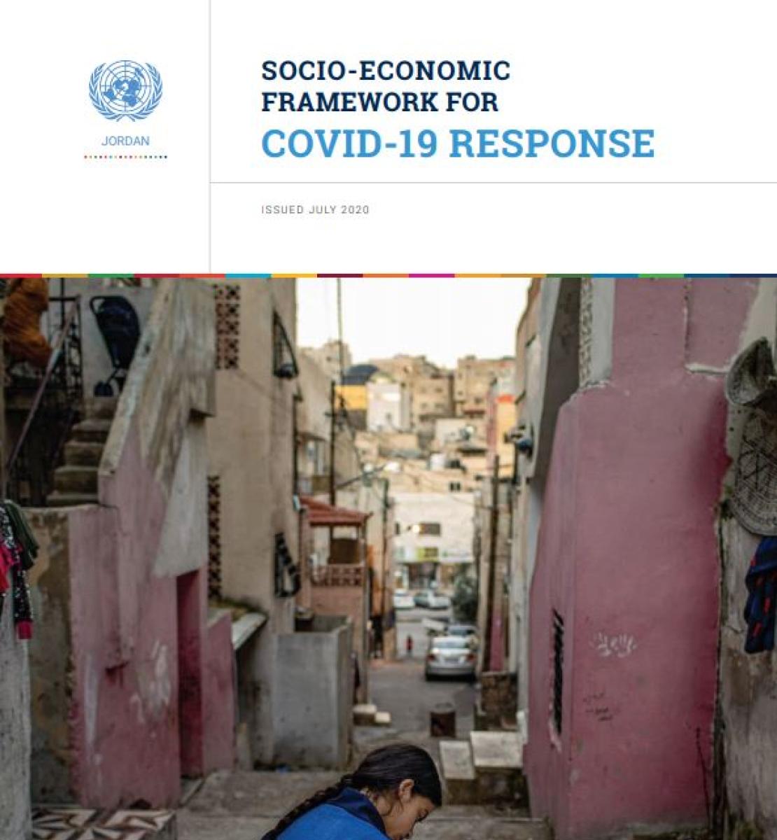 Cover shows the the title, "Socio-Economic Framework for COVID-19 Response for Jordan" with a image of a girl with a blue dress studying outside