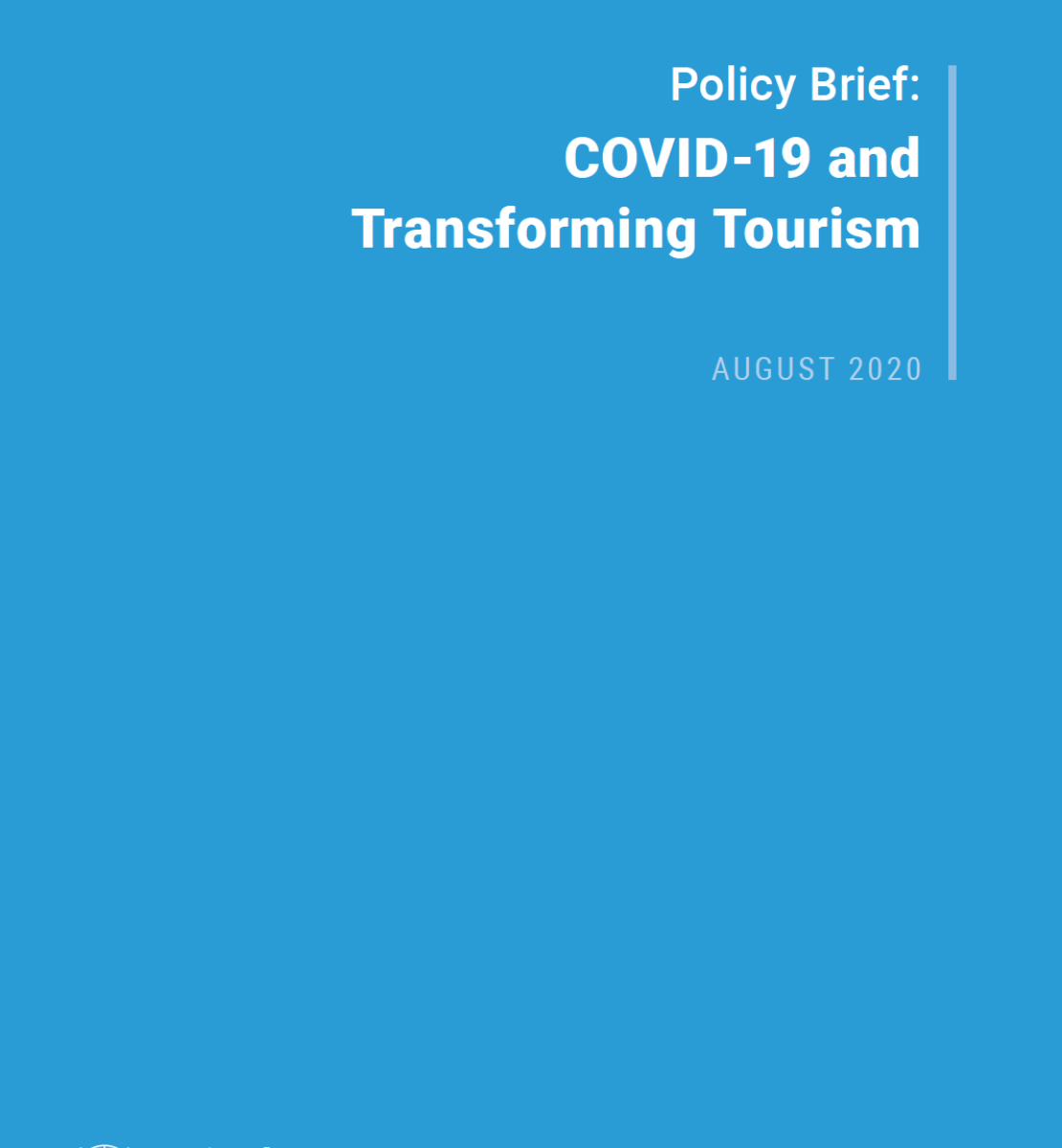Cover shows the title "Policy Brief: COVID-19 and Transforming Tourism" against a solid blue background with the UN emblem on the lower left side.