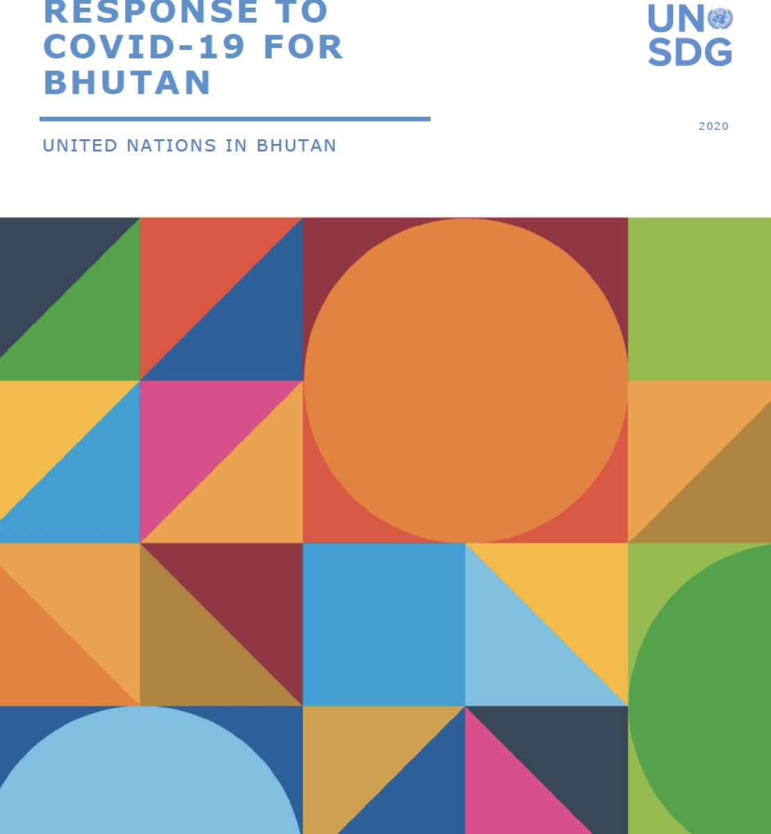 Cover shows the title, "Socio-Economic Response to COVID-19 for Bhutan" above colourful diagonal shapes.