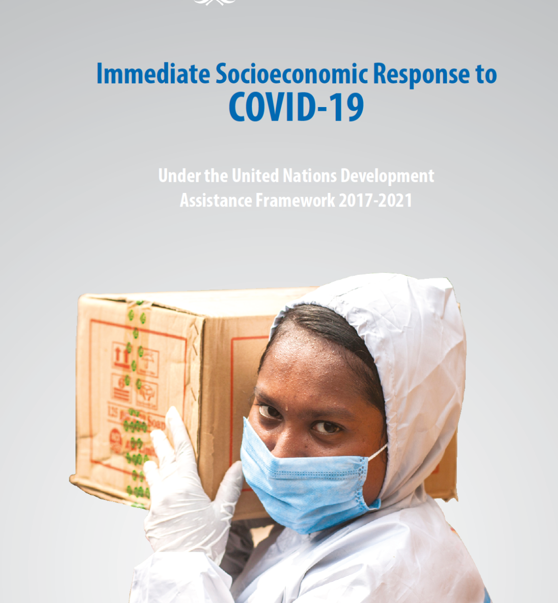 Cover shows the title "Immediate Socioeconomic Response to COVID-19 over a image of a woman with a blue mask carrying a box.
