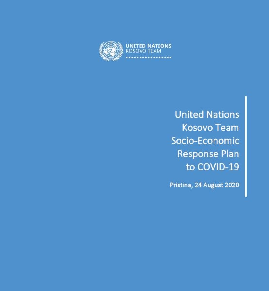 Cover shows the title "United Nations Kosovo Team Socio-Economic Response Plan to COVID-19", over blue background