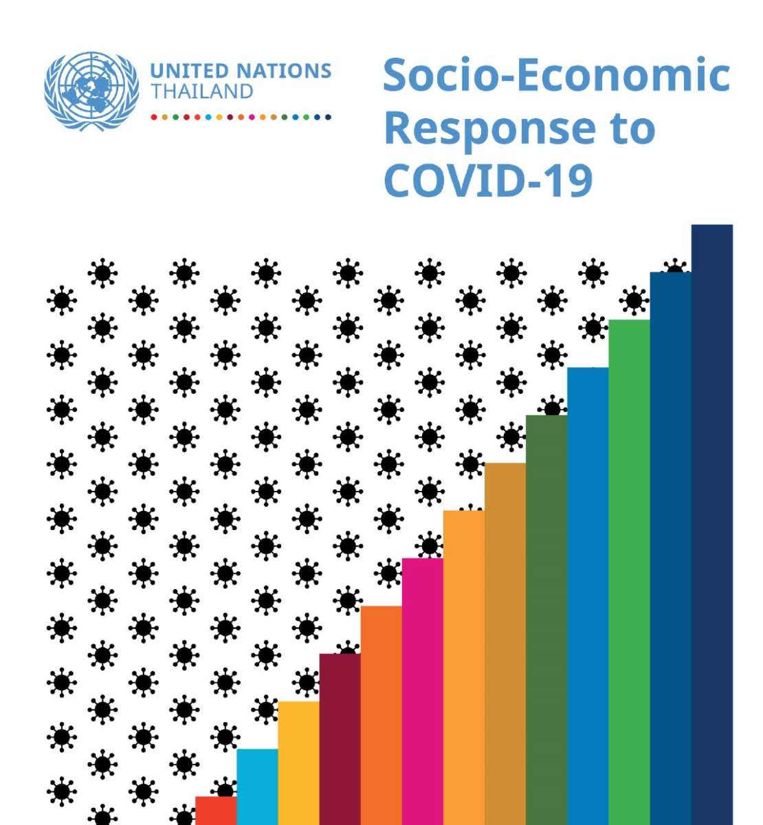Cover shows the title "Socio-Economic Response to COVID-19 for Thailand" with virus looking black dots and colorful bars.