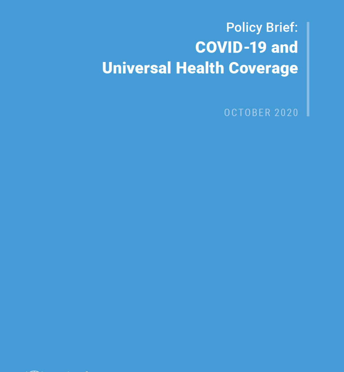 Cover shows the title "Policy Brief: COVID-19 and Universal Health Coverage" against a solid blue background with the UN emblem on the lower left side.