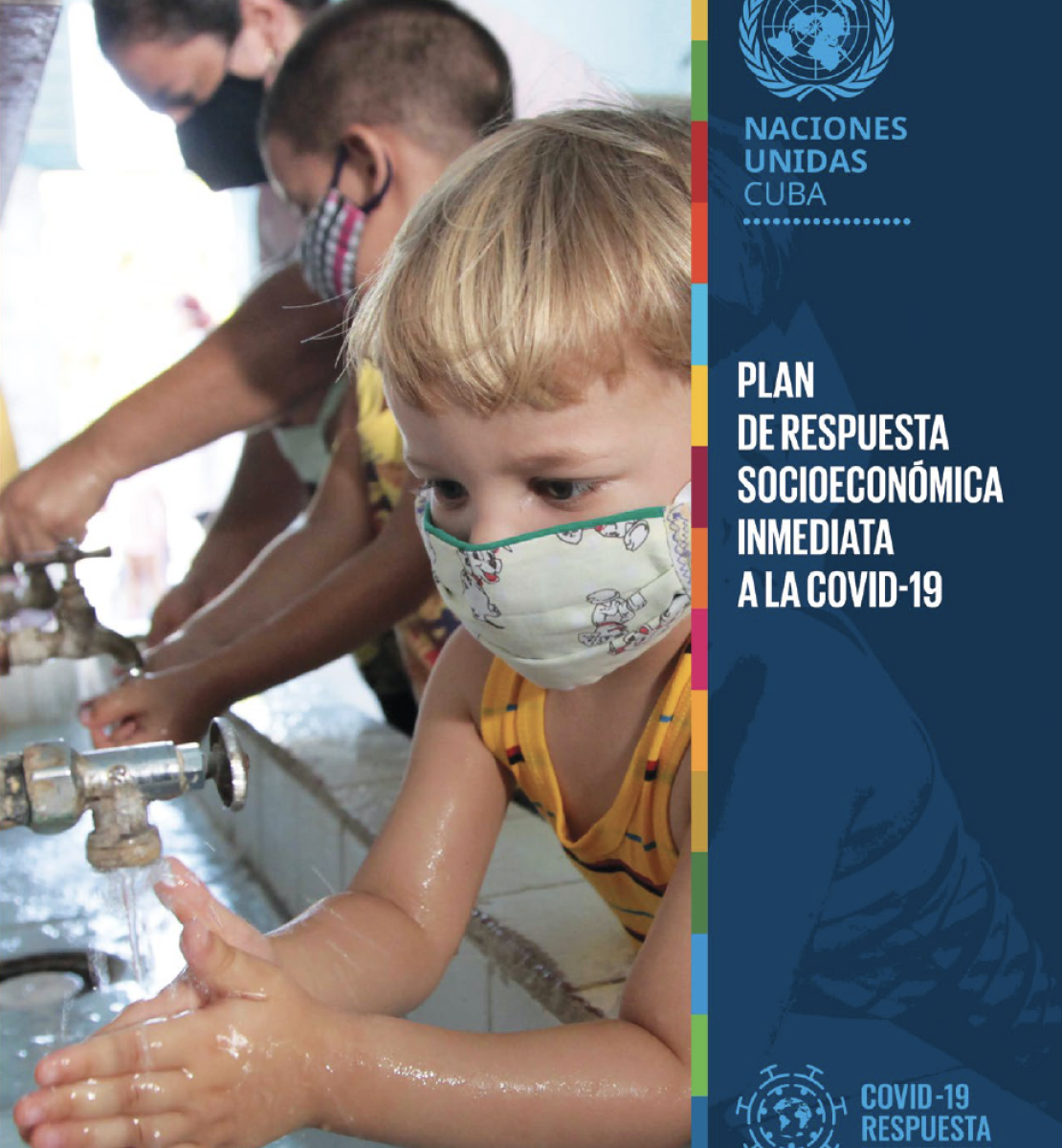 The cover shows on the left a photo of children and adults washing their hands with the title to the right in white against a blue vertical overlay.