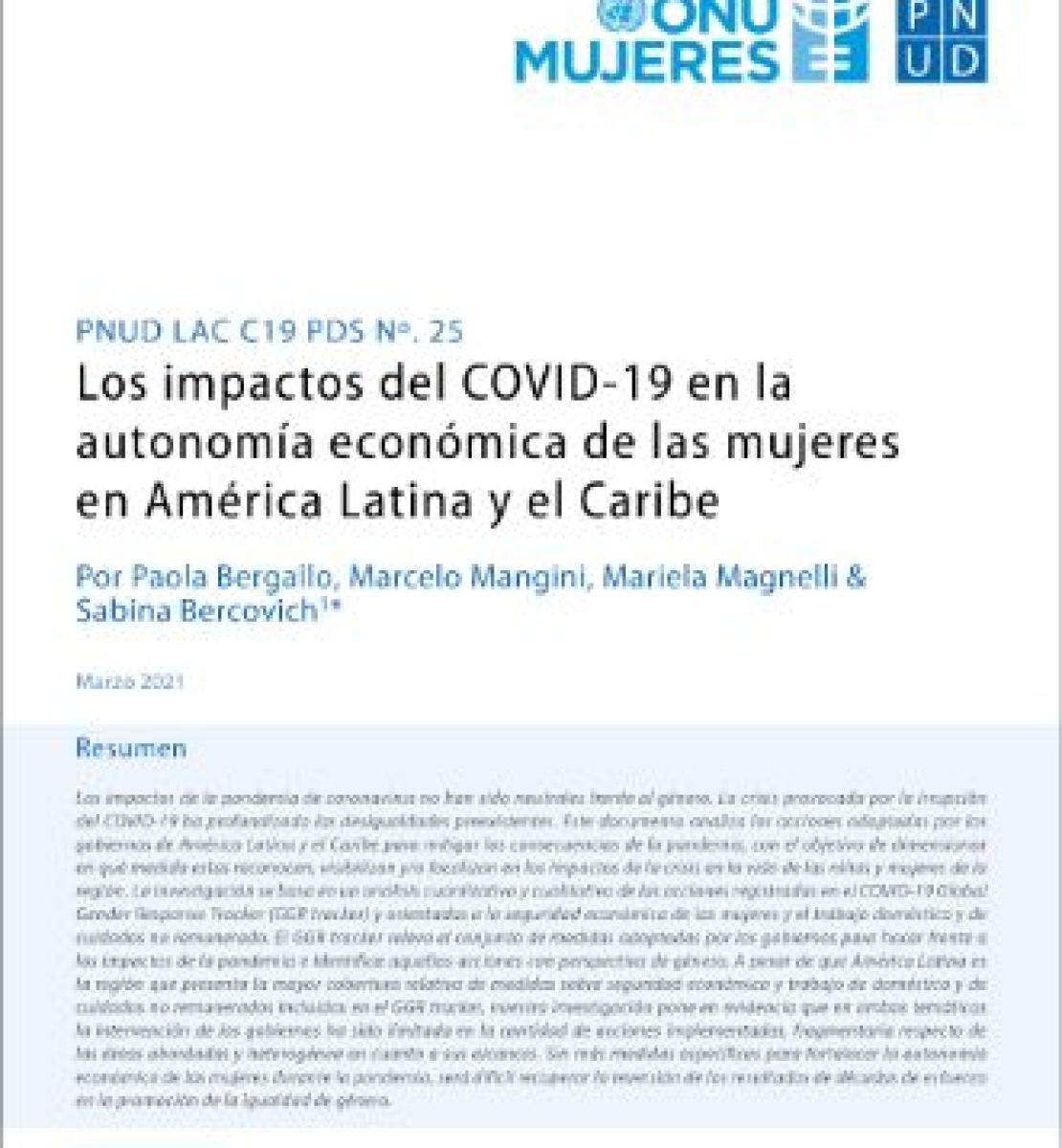 Primera página, que hace las veces de portada, de la investigación sobre los impactos del COVID-19 en la autonomía económica de las mujeres en América Latina y el Caribe.