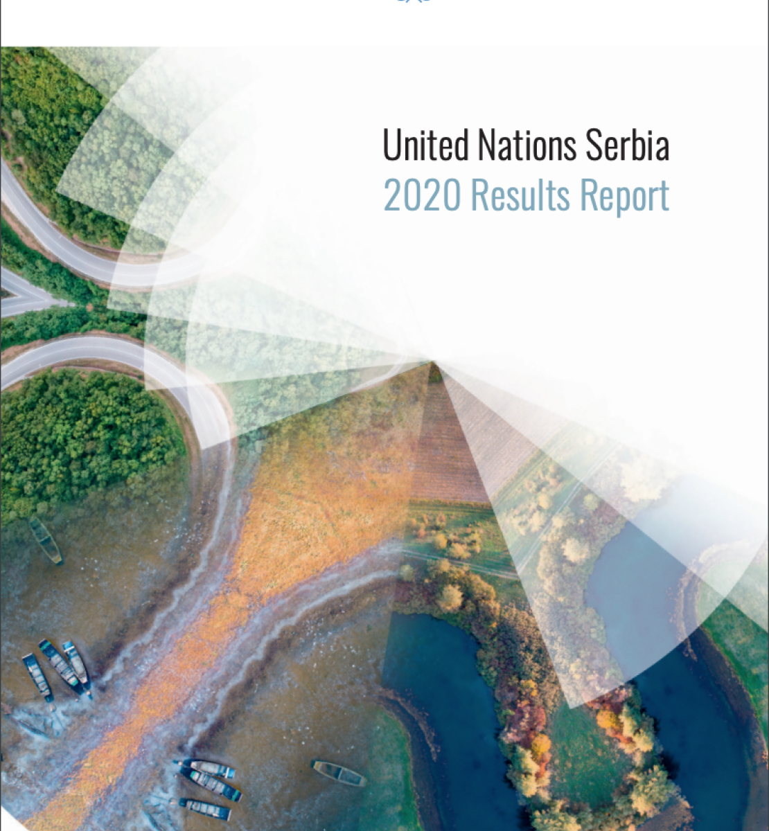 The cover shows an aerial view of a a body of water, road and vast forest with the title of the report against a white diagonal triangle on the upper right corner of the cover. The UNCT and country logos are just above the images and title. 