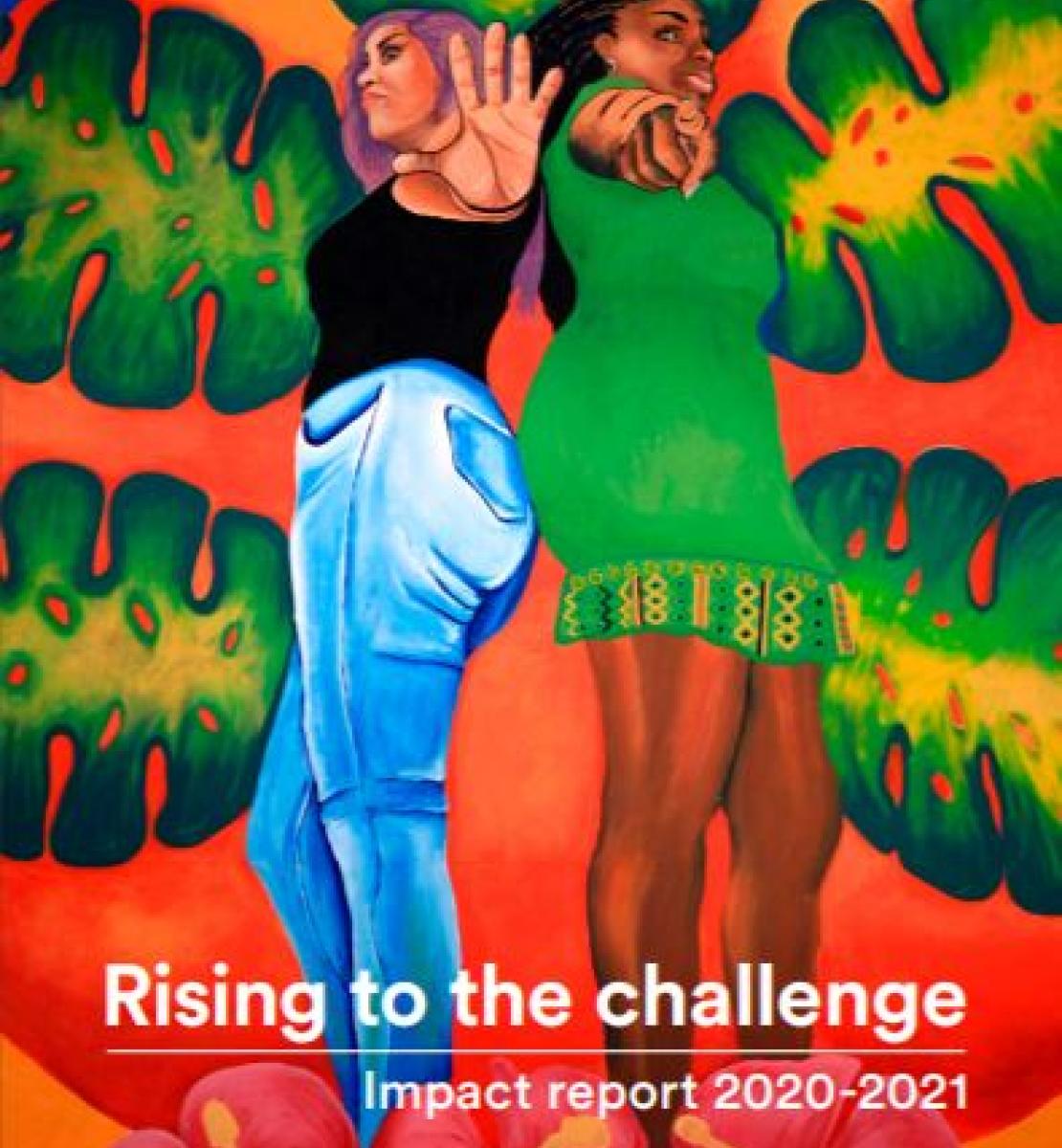 A lovely graphic illustration of two women standing back-to-back as they stretch out their palms towards the front, with a colourful background.